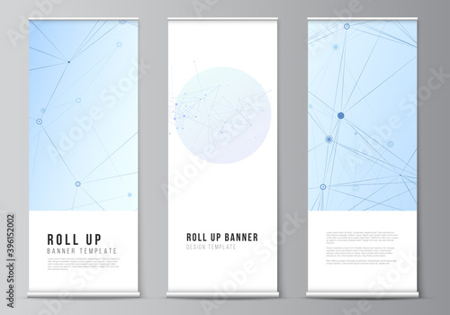 Vector layout of roll up mockup templates for vertical flyers, flags design templates, banner stands, advertising design mockups. Blue medical background with connecting lines and dots, plexus.