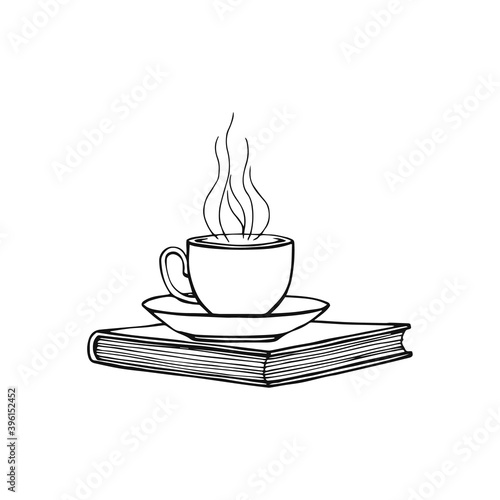 Hand Drawn cup mug of hot drink coffee, tea etc. Cup and book isolated on white background. Teacup, coffee cup. Morning fresh drink. Vector illustration