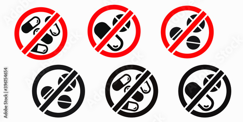 Pill prohibition icon. No medication. Prohibition of the transportation of medicines. Do not consume vitamins. Vector icon.