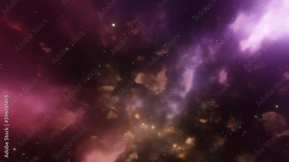 CGI Space Travel Animation Through Purple and Orange Nebula Clouds and Star Systems. CGI Space Travel Animation Through Purple and Orange Nebula Clouds and Star Systems.