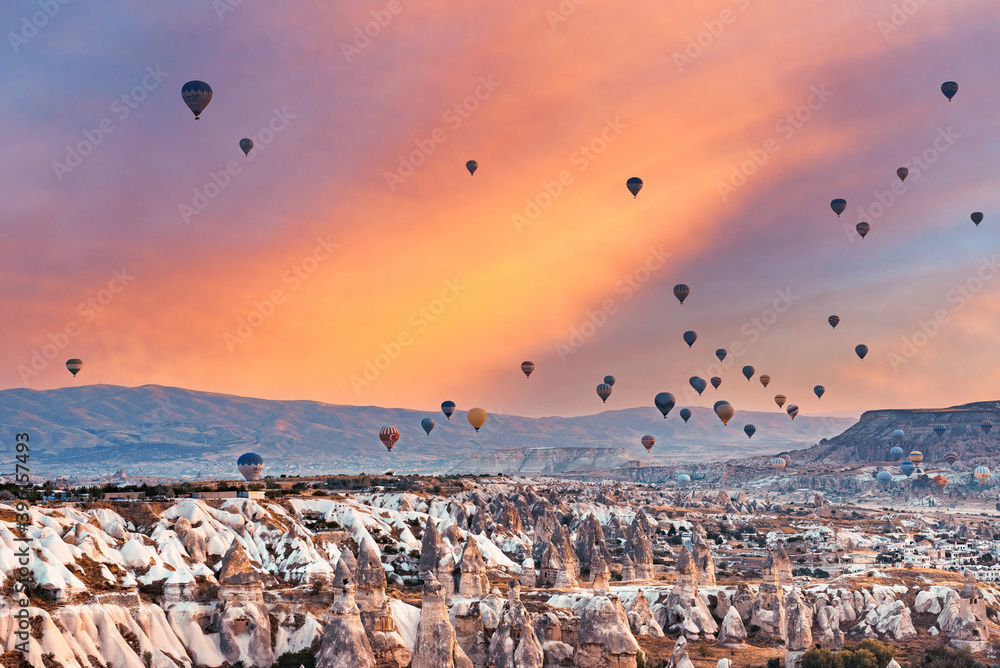 Hot air balloon flying over spectacular Cappadocia