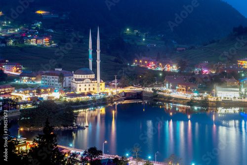 Trabzon turkey uzungol. mosque on the lake.lake across the mountain