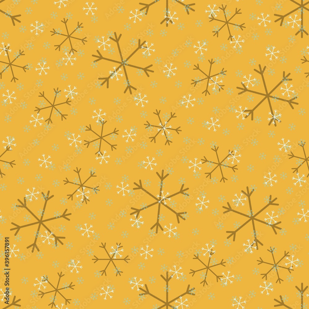 Seamless Christmas pattern doodle with hand random drawn snowflakes.Wrapping paper for presents, funny textile fabric print, design,decor, food wrap, backgrounds. new year.Raster copy.Mustard white Seamless Christmas pattern doodle with hand random drawn snowflakes.Wrapping paper for presents, funny textile fabric print, design,decor, food wrap, backgrounds. new year.Raster copy.Mustard white
