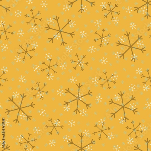 Seamless Christmas pattern doodle with hand random drawn snowflakes.Wrapping paper for presents  funny textile fabric print  design decor  food wrap  backgrounds. new year.Raster copy.Mustard white