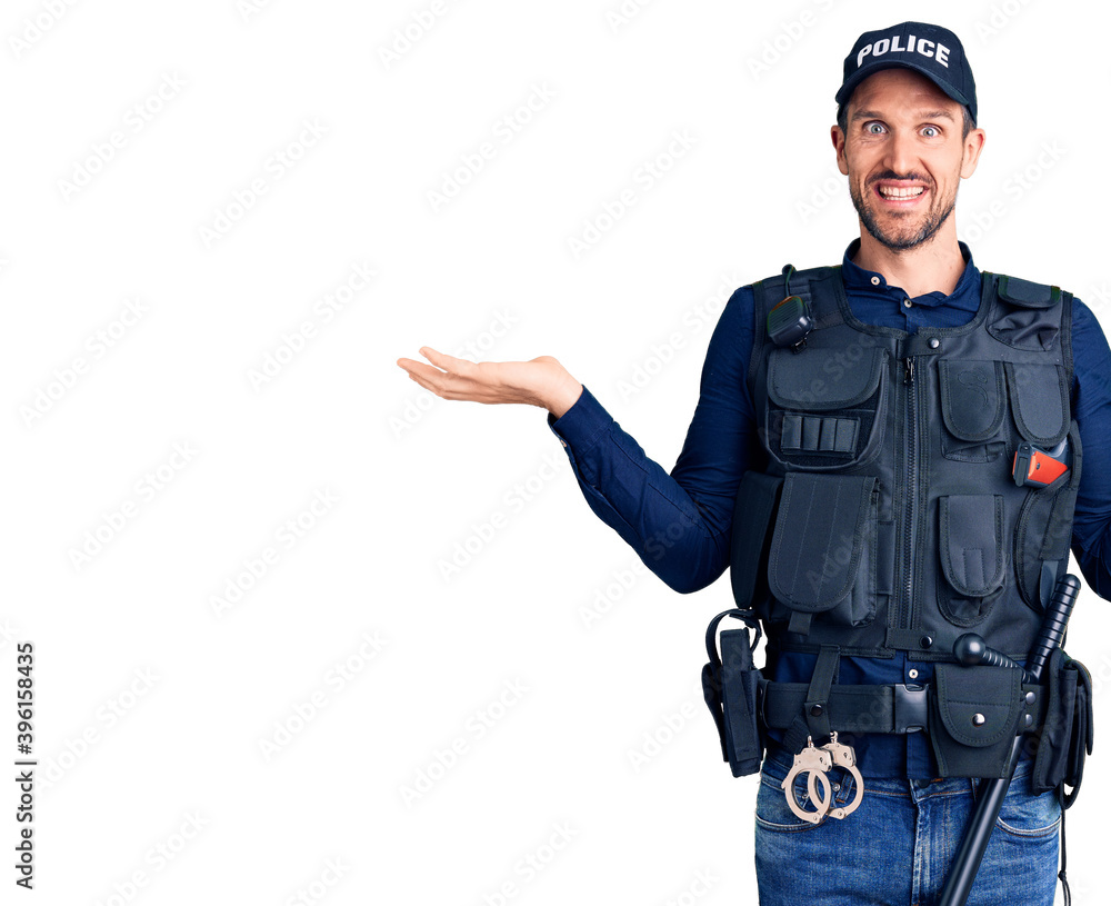 Young handsome man wearing police uniform smiling showing both hands open palms, presenting and advertising comparison and balance Young handsome man wearing police uniform smiling showing both hands open palms, presenting and advertising comparison and balance