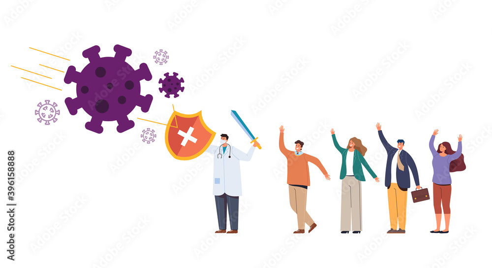 Doctor character protect people from virus covid-19 epidemic by sword and shield concept. Vector flat graphic design illustration