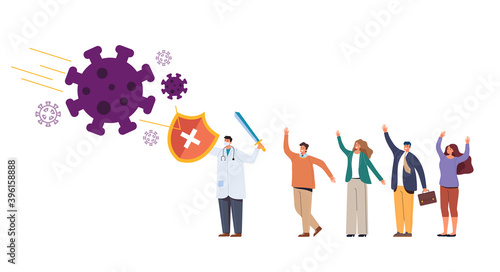 Doctor character protect people from virus covid-19 epidemic by sword and shield concept. Vector flat graphic design illustration