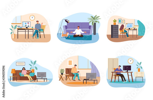 People man woman characters stay at home while covid-19 coronavirus and doing different everyday things. Epidemic quarantine concept. Vector flat graphic design illustration set
