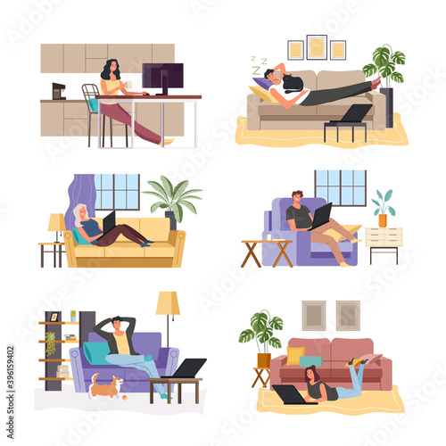 People freelancers working home by internet online and using computer laptop pc in comfortable interiors. Quarantine concept. Vector flat graphic design illustration set