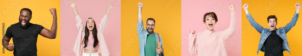 Φωτογραφία Photo set collage multiethnic diverse emotional people men women different ages wearing casual clothes doing winner gesture isolated on colorful background studio portraits