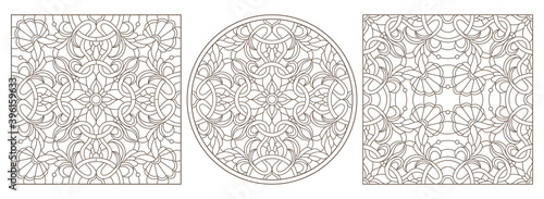 Set contour illustrations of stained glass with abstract swirls and flowers , dark outlines on a white background