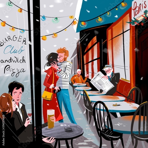 Christmas time illustration. Christmas romance, love story. Winter cafe. Perfect for postcard design photo