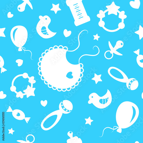 Seamless pattern, white nipples, bottles , bibs, toys and other children's symbols on a blue background.