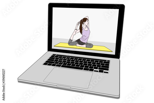 パソコン画面に映るヨガポーズの女性