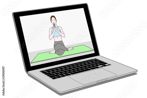 パソコン画面に映るヨガポーズの女性