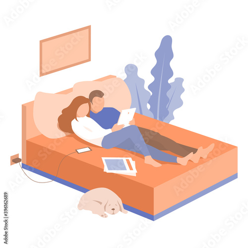Young married couple are relaxing on the couch and reading from a tablet. A dog lies nearby. Cozy home room. Vector flat illustration.