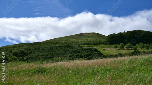 Peak of a hill covered in green wild grass and trees with a big white cloud above it, Muckhart, Scotland