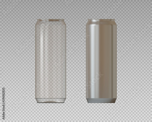 Realistic aluminum and plastic cans. Metallic and PET cans for coctails. Vector