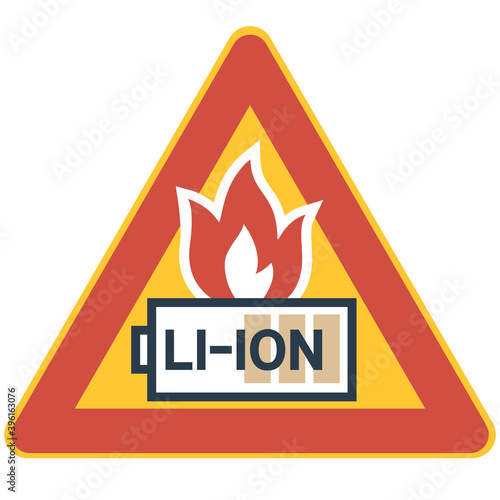  Lithium battery storage.
Triangle sign, graphic poster with text content, multicolor, flat design.