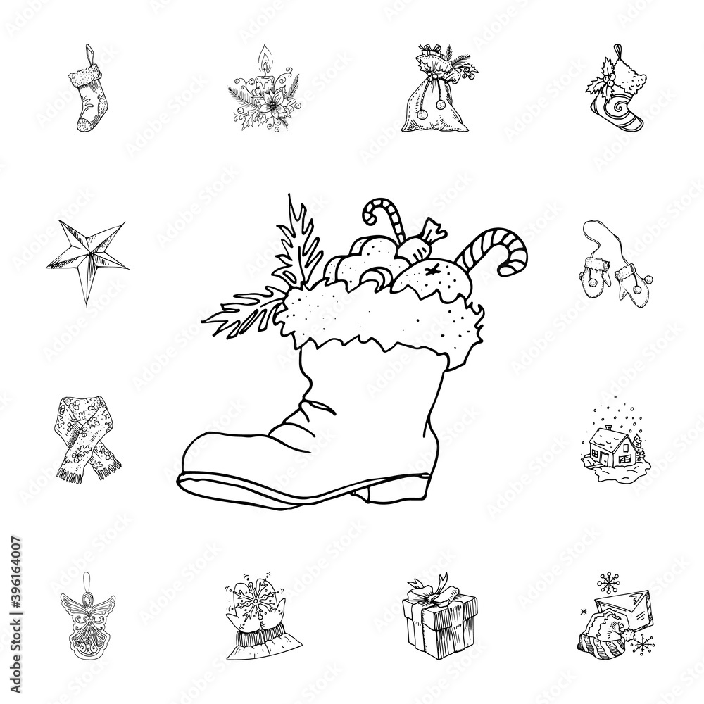 Winter boot with gifts inside vector illustration in color and outline sketch style on white background