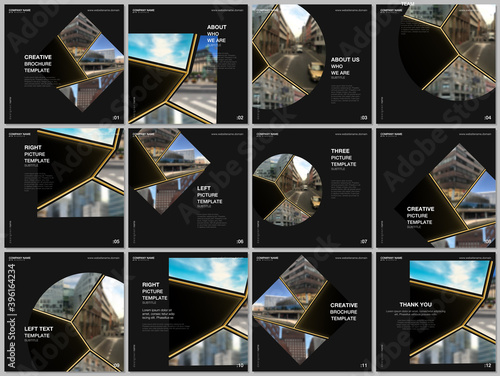 Brochure layout of square format covers design templates for square flyer leaflet, brochure design, report. Abstract black and golden project with clipping mask, geometric shapes for your photo.