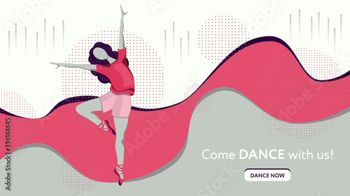 Landing page for dance school, ballet studio, fitness center, art school. Ballerina, dance energy, fitness style. Girl dancing, silhouette of a girl in dance, ballerina dancing.