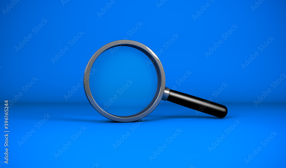 3D rendering, Close up realistic Magnifying glass, blank empty space for your copy or design, search icon or symbolic concept, blue color background. 3D rendering, Close up realistic Magnifying glass, blank empty space for your copy or design, search icon or symbolic concept, blue color background.