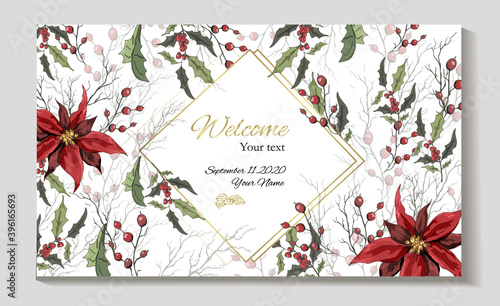banner of flowers (poinsettia, mistletoe, Holly) isolated on a white background. realistic hand-drawn compositions of bouquets. gold jewelry, decoration for seasonal cards, posters. Vintage style
