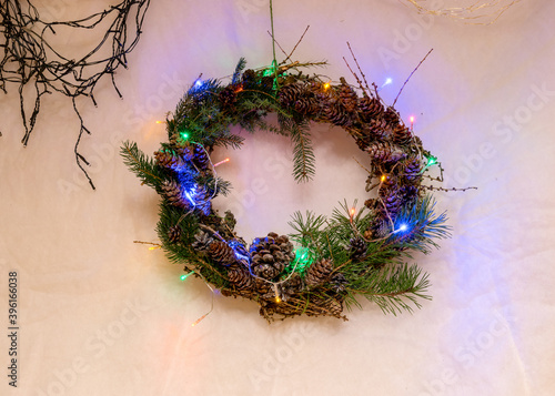 prepared Christmas wreaths made of dried citrus, needles, twigs and various herbs. Christmas decor made by your own hands..Workshop master class handmade in making Christmas wreaths and rustic style