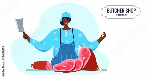 Butcher african woman. Female profession. Feminism. Fresh meat and meat products Meat market worker. Isolated vector illustration