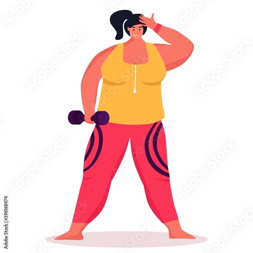A young obese woman doing exercise. A girl working in sweat to get rid of belly fat. Obesity.