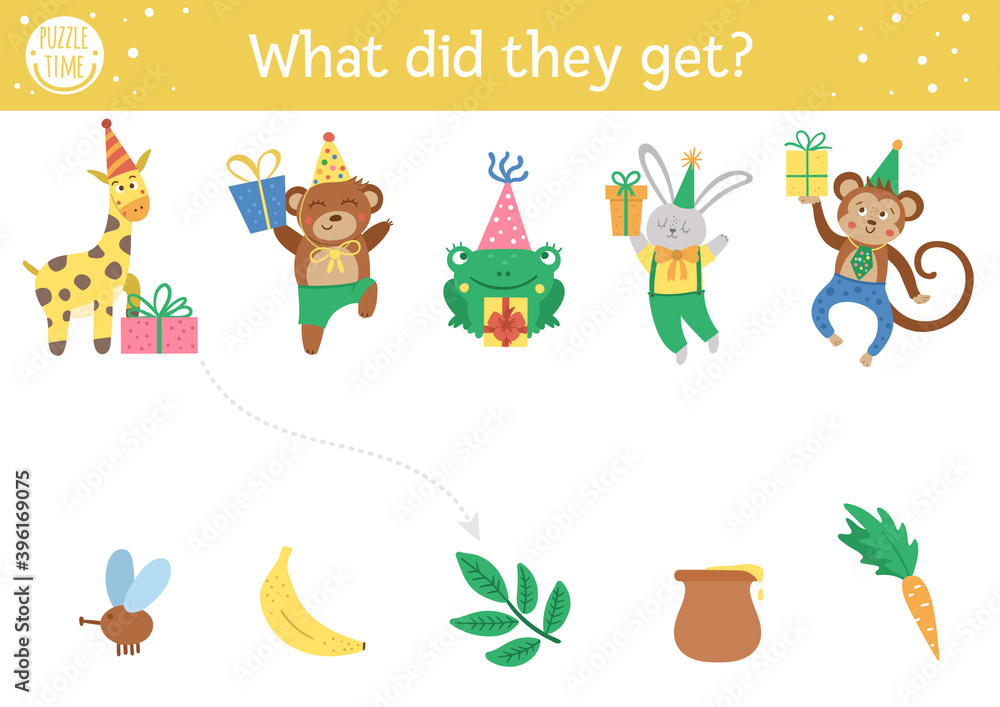 Birthday matching activity for children. Fun puzzle with cute animals ... Birthday matching activity for children. Fun puzzle with cute animals ...
