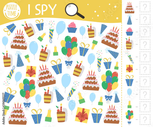 Birthday I spy game for kids. Searching and counting activity for preschool children with traditional holiday objects. Funny party printable worksheet for kids. Simple festive spotting puzzle..