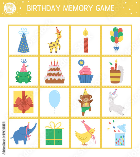 Vector Birthday memory game cards with traditional holiday symbols. Matching activity with funny characters. Remember and find correct card. Simple festive party printable worksheet for kids. .