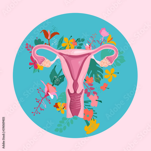 Healthy female reproductive system with floral background.Uterus and cervix anatomy.Ovary with medinilla blossoms.International women day and girl power postcard.Fallopian tubes with lotus.Vector
