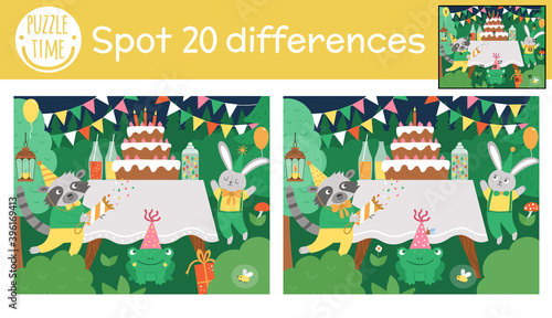 Birthday party find differences game for children. Holiday educational activity with funny animals in the night forest. Printable worksheet with smiling characters and cake. Cute celebration puzzle