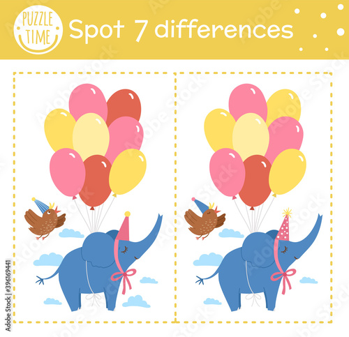 Birthday party find differences game for children. Holiday educational activity with funny elephant flying on bunch of balloons. Printable worksheet with smiling character. Cute celebration puzzle