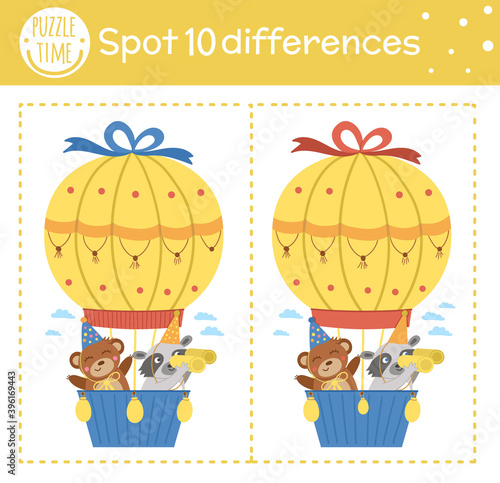 Birthday party find differences game for children. Holiday educational activity with funny animals flying in hot air balloon. Printable worksheet with smiling characters. Cute celebration puzzle