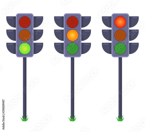set of traffic lights showing different color signals. flat vector illustration isolated on white background.
