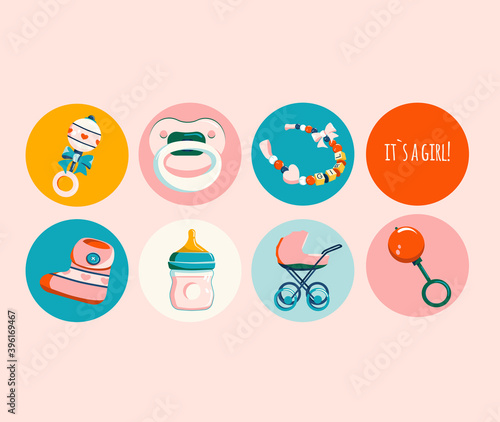 Newborn baby products for girl.Round icon set in retro flat Style.Milk bottle with nipple,dummy pacifier,rattle,booties for infant kid and bracelet with beads.Child birthday invitation elements vector