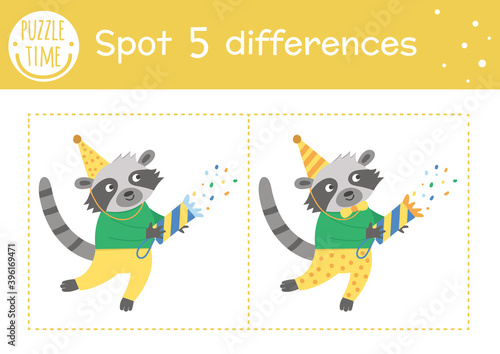 Birthday party find differences game for children. Holiday educational activity with funny raccoon with cracker. Printable worksheet with smiling character. Cute celebration puzzle for kids.