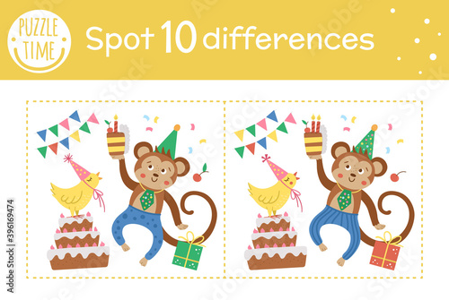 Birthday party find differences game for children. Holiday educational activity with funny jumping monkey with cake. Printable worksheet with smiling characters. Cute celebration puzzle for kids.