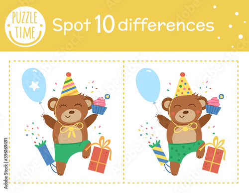 Birthday party find differences game for children. Holiday educational activity with funny jumping bear with balloon. Printable worksheet with smiling characters. Cute celebration puzzle for kids.