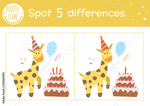 Birthday party find differences game for children. Holiday educational activity with funny giraffe with cake and balloon. Printable worksheet with smiling characters. Cute celebration puzzle for kids.