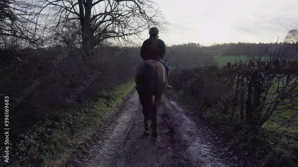 Follow-up shot of a girl horseback riding on a countryside dirty road, cinematic wide shot Follow-up shot of a girl horseback riding on a countryside dirty road, cinematic wide shot