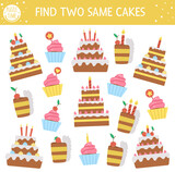 Find two same cakes. Holiday matching activity for children. Funny educational Birthday logical quiz worksheet for kids. Simple printable celebration game with cute desserts and candles.