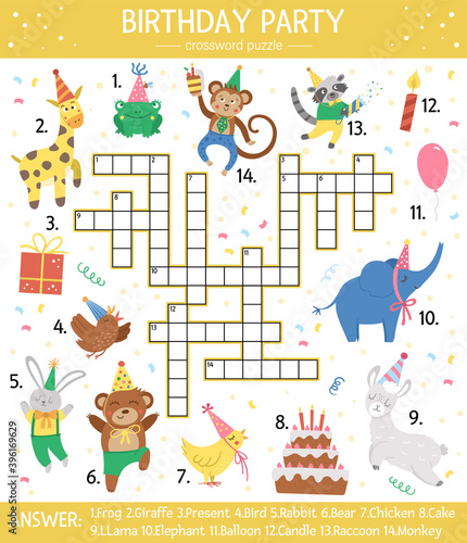 Vector Birthday party crossword puzzle for kids. Simple quiz with holiday objects and animals for children. Educational activity with traditional celebration elements, present, cake.