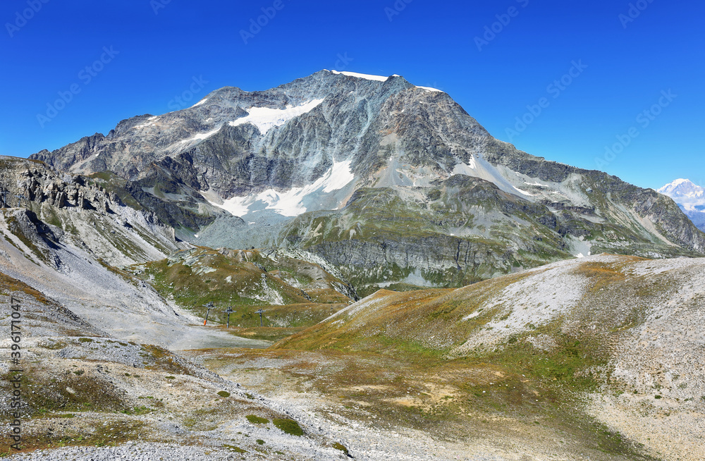 Naklejka premium View of Mont Pourri peak (3779m) and other mountains from Aiguille Percee, France