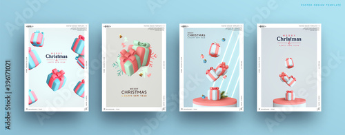 Set of Christmas and New Year holiday gift cards. Xmas banners, web poster, flyers and brochures, greeting cards, group bright covers. Design with realistic Christmas decoration objects Gifts Boxes