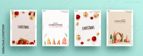 Set of Christmas and New Year holiday gift cards. Xmas banners, web poster, flyers and brochures, greeting cards, group bright covers. Design realistic Christmas decoration objects gift box and ball.